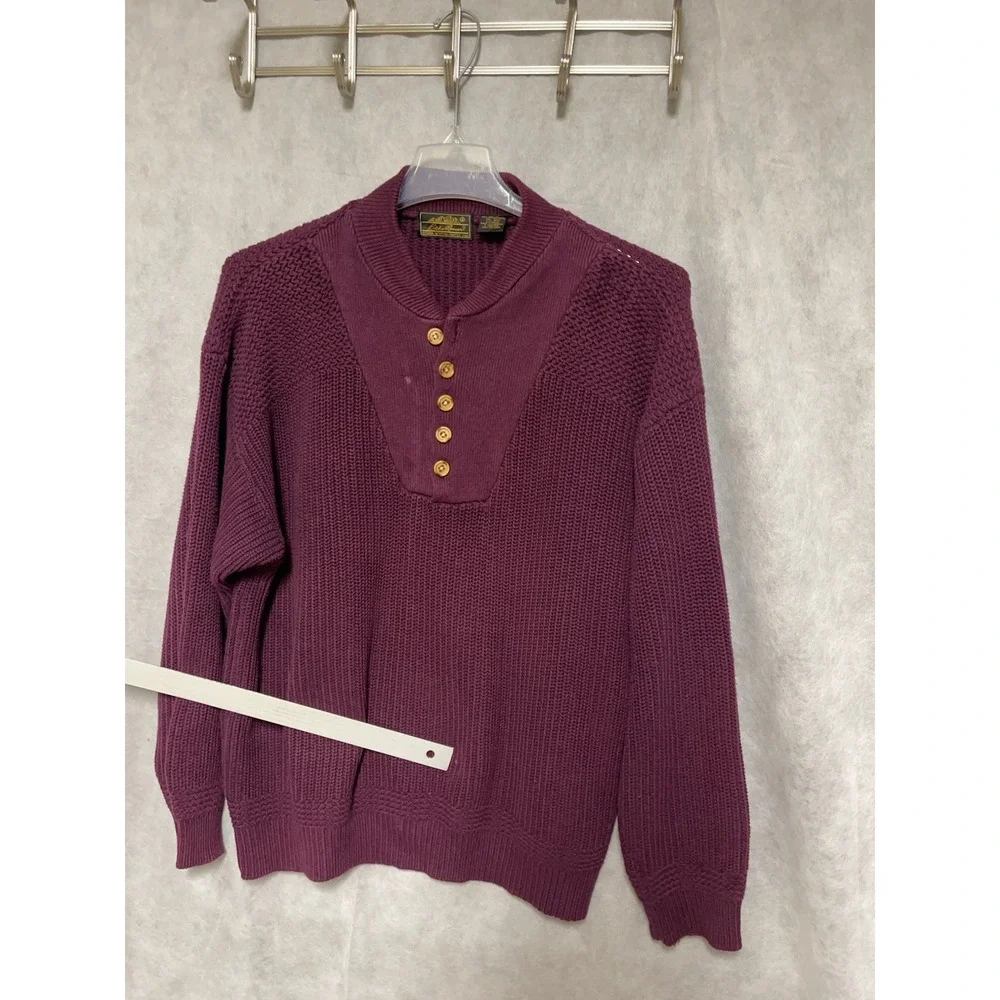 VTG Eddie Bauer Sweater Men L Maroon Chunky‎ Knit Henley Pullover Heavy Nordic - Picture 4 of 10